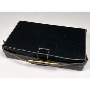VTG 14"x8"x3.25 Black Faux Leather Hard Side CAMERA CASE Red Corduroy Lining